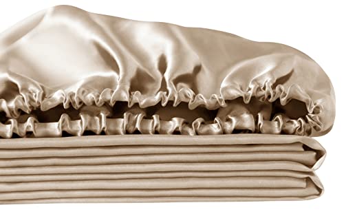 Image of Ersmak Satin Fitted Sheet Only, Luxury Silky King Fitted Sheet Ultra Soft Deep Pocket Bottom Sheet, Wrinkle & Fade Resistant - Beige