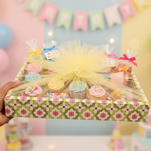 Image of SATYAM KRAFT 3 Pcs Multipurpose Decorative Folding Gift Box, Gift hampers | Paper Gift Hamper Boxes for wedding Birthday Return Gifts, Sweets, DIY Craft | Rectangular Cardboard Tray with Net (Green)