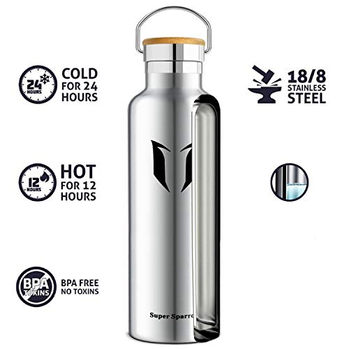Super Sparrow Stainless Steel Vacuum Insulated Water Bottle, DStandard Mouth -350ml-620ml- 500ml & 750ml & 1L - BPA Free - with 2 Exchangeable Caps + Bottle Pouch (Stainless Steel, 620ml-21oz)