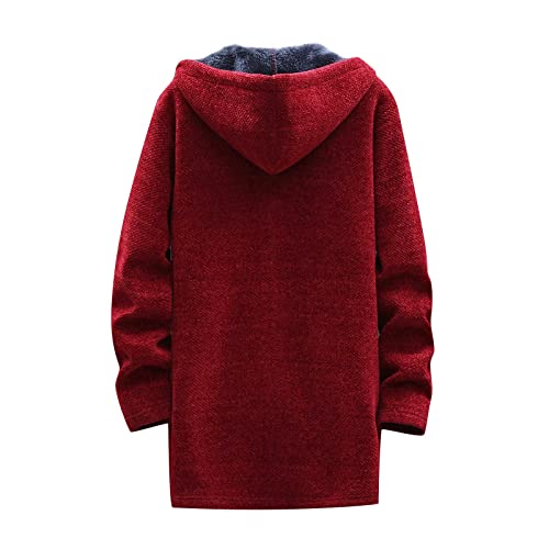 Jackets For Men, Coats Men Trench Coat Black Leather Hoodie Jacket Autumn And Winter Men's Fashion Loose Cardigan Warm Lapel Hooded Jacket Sweater Light With Inside Pocket Jacket (4Xl, Red) #TOP3