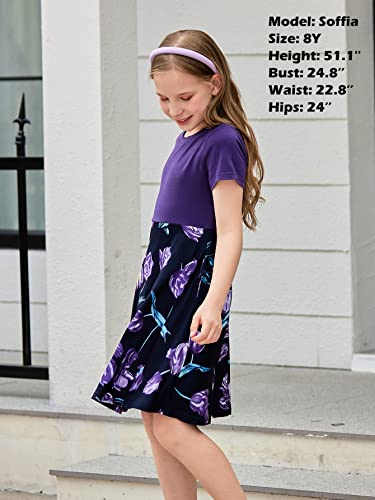GORLYA Girls Short Sleeve Floral Print Casual Fit and Flare Party Dress with Pockets 4-12 Years4