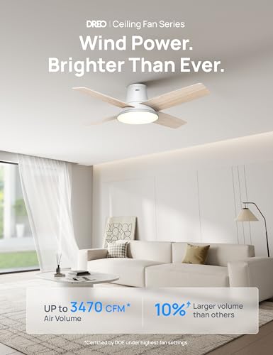 Image of DREO Ceiling Fan, 44 Inch Low Profile Ceiling Fan with Light and Remote, 5CCT LED, 6-Level Dimmable, 6-Speed, Reversible Motor, 22 dB, Timer, Easy-Install, Black Flush Mount for Bedroom