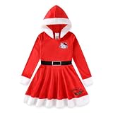Hello Kitty Sanrio Girls Cosplay Christmas Holiday Long Sleeve Hooded Santa Dress for Big Kids Red