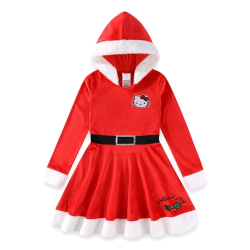 Hello Kitty Sanrio Girls Cosplay Christmas Holiday Long Sleeve Hooded Santa Dress for Big Kids Red