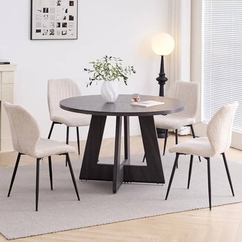 Image of 47 inch Round Dining Table Set for 4, Kitchen Table and Chairs | Wooden Cross Base, Boucle Fabric Chair, for Apartment