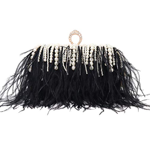 Image of ZAKIA Women's Real Natural Ostrich Feather Tote Evening Dress Bag Shoulder Bag Party Money Bag Wallet Clutch