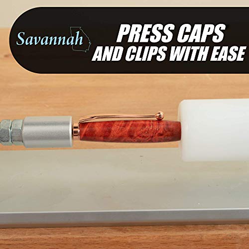 savannah pen press with anodized aluminum base and adjustable assembly rod with uhmw pressure stop for assembling pen parts  exerts up to 30 pounds of pressure