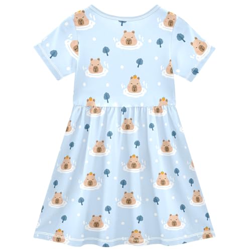 Cute Bathing Capybara with Flowers Summer Girls Short Sleeve Dress Casual Dresses Beach Sundress for 2-8 Years2
