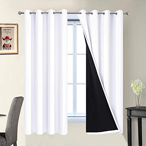 Image of Yakamok Pure White 100% Blackout Curtains 63 Inches Long 52 inch Wide 2 Panel | Blackout Curtain Panels for Bedroom, 2 Thick Layers Grommet Top Thermal Insulated Drapes with Black Liner for Living Room