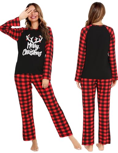 SWOMOG Matching Couples Christmas Pajamas Set Women & Men Plaid Pants Loungewear and Printed Long Sleeve Pjs Top3