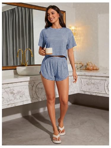 Image of OYOANGLE Womens Pajama Sets 2 Piece Sexy Lounge Sets Summer Cute Pjs Striped Print Tee and Side Split Shorts Set