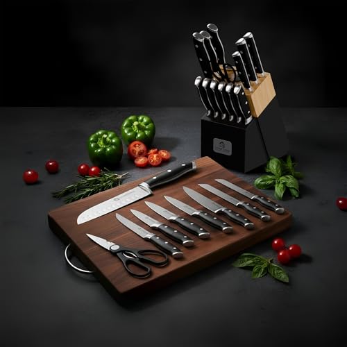 Chef Grace 13pc Kitchen Knife Set with Wooden Block + Built in Sharpener. German Stainless Steel, Triple-Rivets, Ergonomic. Includes Chef, Bread, Carving, Utility, Steak & Paring Knives + Scissors