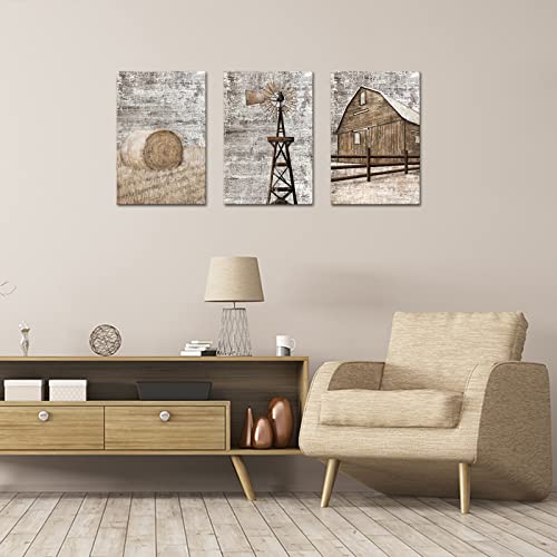 Simiwow Farmhouse Wall Decor Countryside Landscape Barn And Corn Field Windmill Painting Framed Canvas Prints Living Room Bedroom Decor 16"X24"X3 Pieces #TOP2