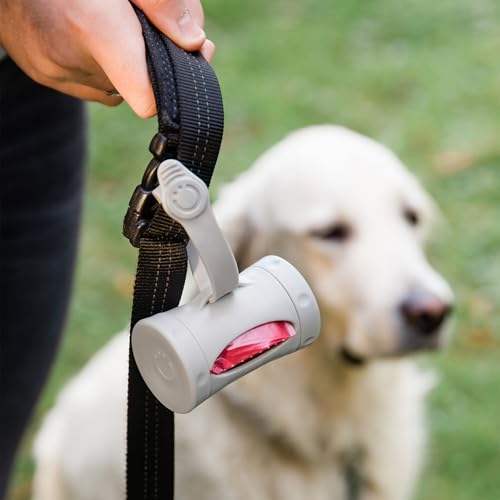 Image of Ubbi Retractable Dog Poop Bag Holder and Dispenser with Silicone Strap Leash Attachment, Includes 2 Rolls of Lavender Scented Leakproof Waste Bags, Gray