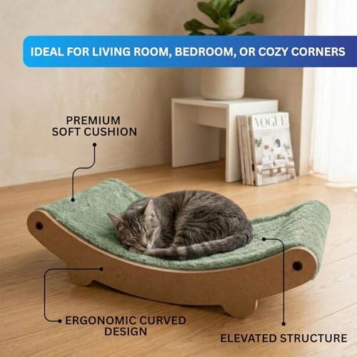 Image of Cat Hammock Bed with Plush Cushion, Wooden Curved Rocker Design, 23x13x6 Inch, Premium Comfort Lounger for Cats (FURR-162) (Green)