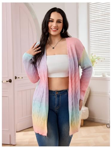 Image of MakeMeChic Women's Plus Size Rainbow Colorful Cardigans Open Front Long Sleeve Knit Cardigan Sweater
