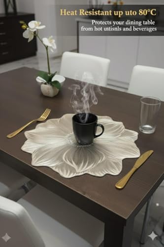 Image of Dakshya Industries Dining Table Placemat Set with Runner | PVC Waterproof Leaf Shape Table Mats Heat Resistant Washable Home Decor