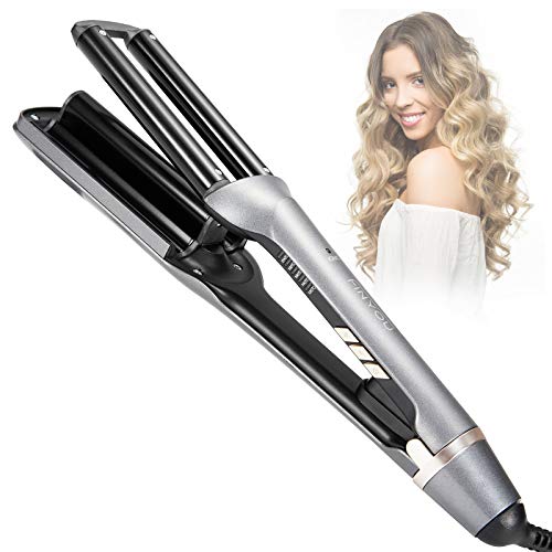 FINYOU 3 Barrel Curling Iron, Ceramic Tourmaline Crimper Hair Iron, Negative Ion Curling Wand Hair Waver, Fast Heating & Adjustable Temperature Hair Crimper Beach Waves Curling Iron ?Gray?