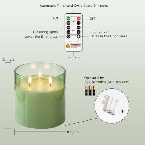 Image of Homemory 6 x 6 Inch Extra Large Flameless Candle with 3 Wicks, Sage Green Glass LED Pillar Candle, Real Wax Battery Operated Candle with Remote Control and Timer for Home Decor