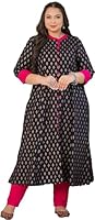 Yash Gallery Women's Plus Size Rayon Floral Print Anarkali Kurti (Black)