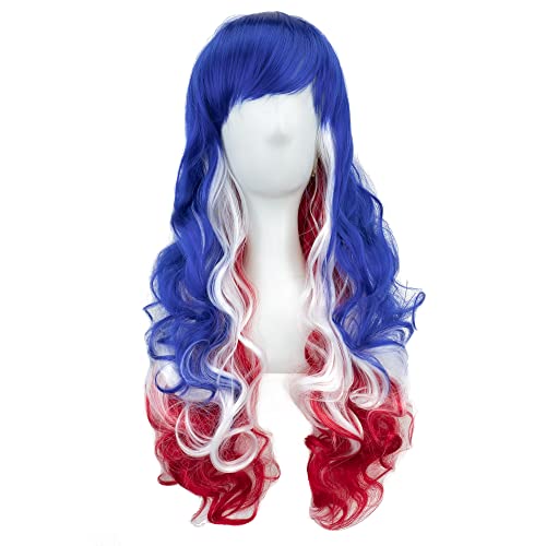 IMISSU Flag Color Design Hair Cosplay Wigs with Bangs Halloween Costume Wig (FR Flag Blue White Red) - Image 2