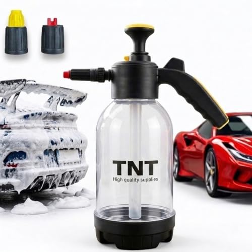TNT Pump Sprayer 0.53 Gallon/67oz /2L Hand Powered Car Wash Snow Foam Gardening with 2 Nozzles White Color Heavy Duty Pressure Atomizer for Detailing Professional Home and Garden
