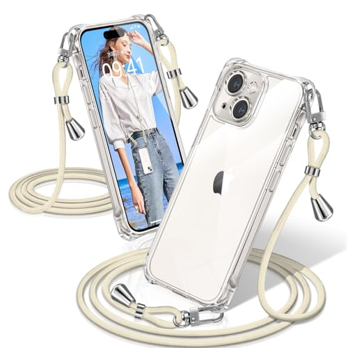 iPhone 14 ケース クリア ショルダー 耐衝撃 iPhone14 スマホケース 透明 織りストラップ付き 肩がけ 首掛け 紐付き アイフォン14 カバー 縄掛け シングルショルダーロープ 斜めがけ 調節可能なショルダー クロスボディ 多目的キャリー ファッションデザイン TPUスマホ (ホワイト)