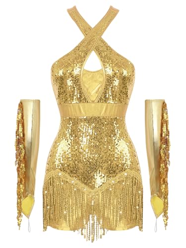 Robe de danse de salon avec paillettes et franges pour femme - Tenue de salsa et tango avec gants