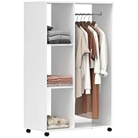 HOMCOM Open Wardrobe on Wheels with Clothes Rail, Bedroom Clothes Storage with Hanging Rod, 3 Storage Shelves, Mobile Garment Rack for Cloakroom, Hallway, White