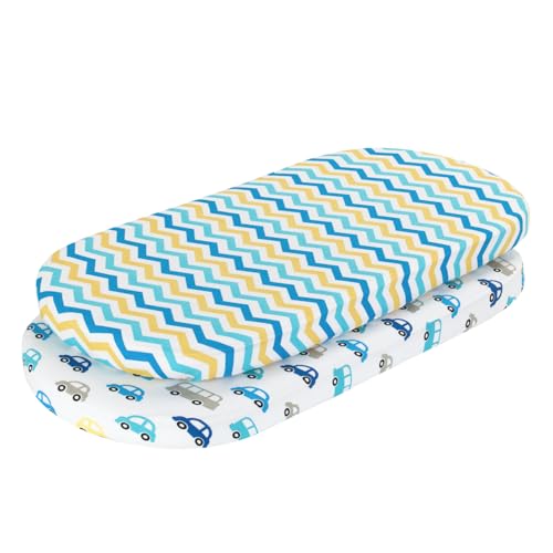 Image of 2-Pack Bassinet Sheets - 100% Cotton Jersey Knit Cars and Chevron Bassinet Mattress Pad Fitted Sheets for Baby Boy; Compatible with Bassinet Bedside Co-Sleeper Lounger Brands; Oval Rectangle Mattress