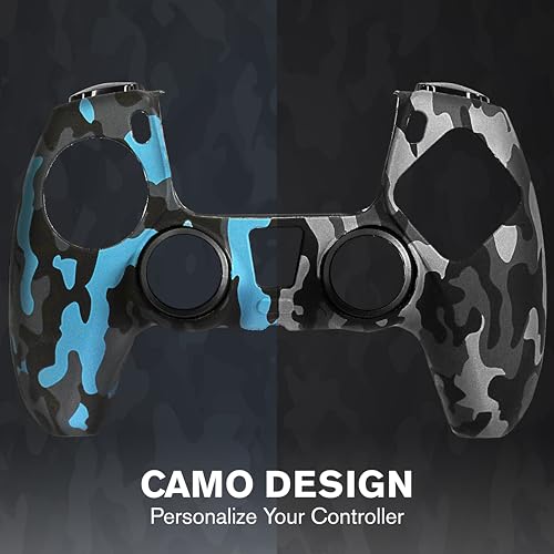 Image of Fosmon Non-Slip Silicone Protective Case Compatible with Sony PS5 Controller (2 Pieces - Camo Black /Blue) Anti-Sweat Case Cover with 8 Pro Thumb Caps