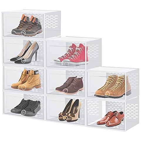 8 Pack Stackable Shoe Storage Boxes, Plastic Stackable Shoe Organizer Bins, Drawer Type Front Opening Sneaker Shoe Holder Containers, Foldable Storage Bins Shoe Container Box Fit up to UK Size 8 Cover