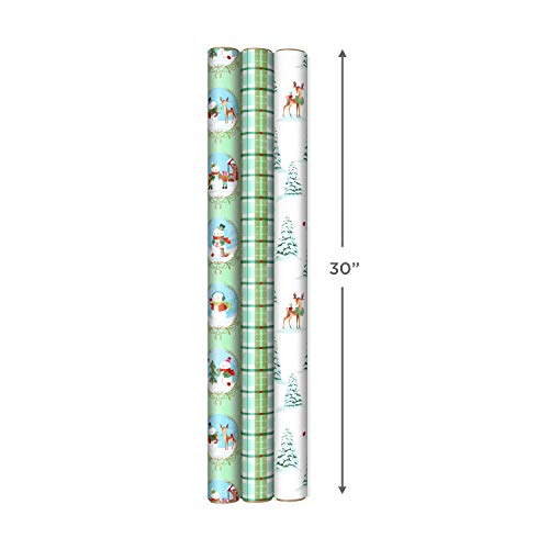 Hallmark Christmas Wrapping Paper Rolls, Holiday Gift Wrap (Pack of 3: 120 sq. ft. ttl) Storybook Critters, Snowmen, Green and Blue Plaid