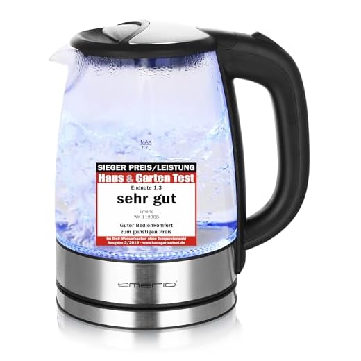 Emerio WK-119988 Glas Wasserkocher,1.7 Liter, 2200 Watt, LED Innenbeleuchtung, 360° Basis, Sieger Preis/Leistung Haus & Garten Test 02/2019, 1.7 liters, Schwarz, Edelstahl