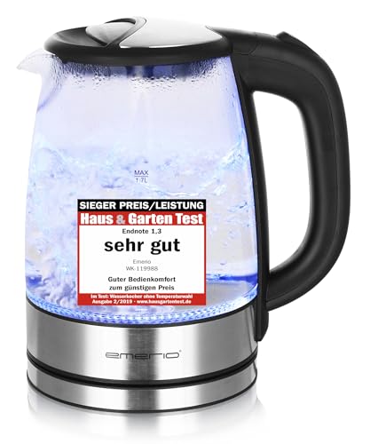EMERIO Glas Wasserkocher mit 1.7 Liter Volumen | 2200 Watt | blaue LED Innenbeleuchtung | 360° Basis | SIEGER Preis/Leistung Haus & Garten Test | bestes Borosilikatglas | BPA frei | WK-119988.7