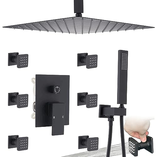 Enga Shower System Body Jets with On-Off Switch, 16 Inch Rain Shower Head System Full Body Spray Massage Shower Set, Multi Head Shower Faucet Combo, Matte Black Enga Shower System Body Jets with On-Off Switch, 16 Inch Rain Shower Head System Full Body Spray Massage Shower Set, Multi Head Shower Faucet Combo, Matte Black