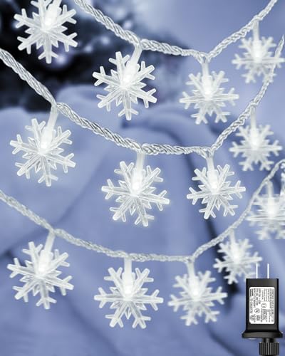 Christmas Snowflake String Lights Outdoor, 100 LED 49FT Icicle Lights Waterproof with 8 Modes Timer Xmas Decorations, Plug in Fairy Lights for Curtain, Eaves, Window, Party, Tree, Garden, Yard- White