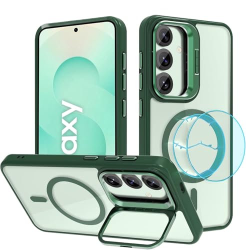 Image of VONZEE Polycarbonate Compatible for Samsung S25 Plus 5G Case, (Compatible with Magsafe) Protective Case, Built-in Stash Stand Phone Case, Scratch-Resistant Back Cover,|Green