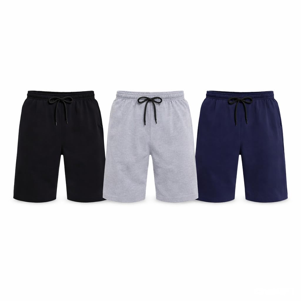 Men’s Cotton Sports Shorts Pack of 3 (Black, Grey, Navy Blue) | Regular Fit Gym & Running Shorts | Elastic Waist with Drawstring | Casual|Size S to 6XL
