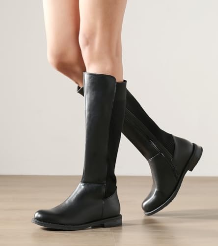 Image of Shoe'N Tale Women's Knee High Boots Flat Low Heel Stretchy Round Toe with Side Zipper