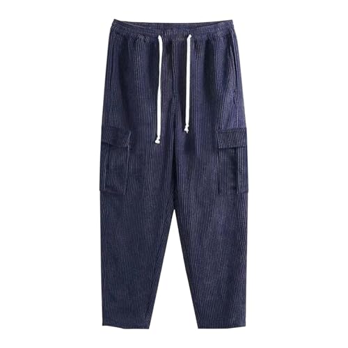 Men's Corduroy Cargo Pants Casual Cargo Pant Elastic Drawstring Waist Straight Wide Leg Sweatpants with Multi Pockets