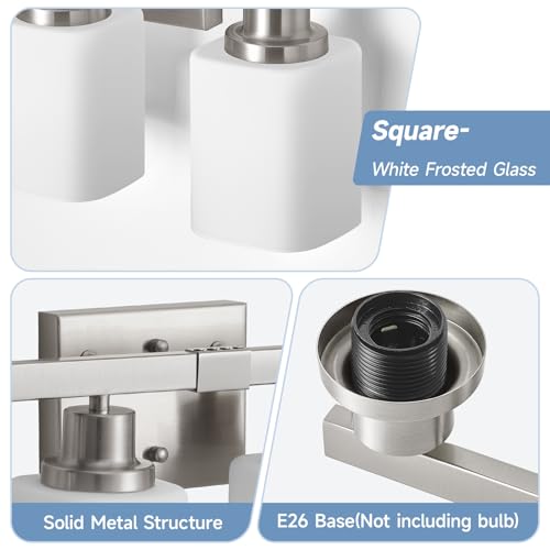 Image of 4-Light Bathroom Vanity Light,Brushed Nickel Vanity Lights with Square Frosted Glass,Modern Bathroom Wall Lights Fixtures Over Mirror,Wall Sconces Lighting for Bedroom Living Room,E26