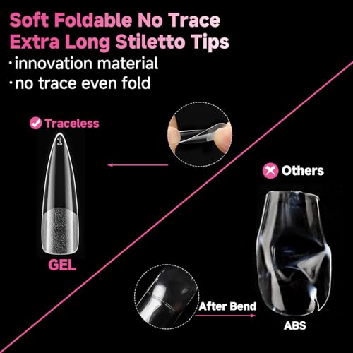 Image of UNA GELLA XXL Stiletto Nail Tips 312pcs Pre-Shape Extra Long Stiletto Nails | Pre Etched Full Cover No Need File Clear Fake Nails for Party DIY Art Salon 12 Sizes