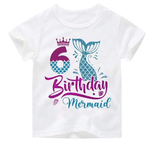 6th Birthday Shirt for Girls, Dress for Girls, T Shirt for 6 Year Old Gift Outfit, Decoration Mermaid Clothes White
