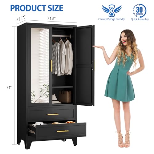 Image of GAIOUS Steel Armoire Wardrobe Closet with Mirror and 2 Drawers 71 inch Black