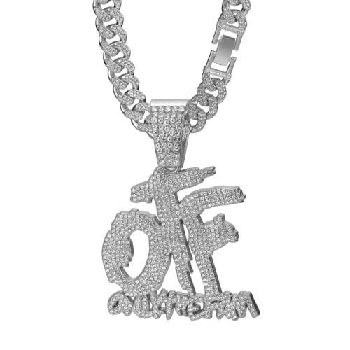 YOHAX Hip hop necklace alloy all OTF chain letter pendant necklace Hip hop men's and women's Cuban necklace (23.62 inches (60 centimeters), silvery)