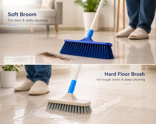 Image of KWEL 2-in-1 Floor Cleaning Brush Combo with 4 fit Telescopic Stick | Interchangeable Soft & Hard Brush Heads | Multipurpose Cleaning Brush for Home, Bathroom, Kitchen & Outdoor