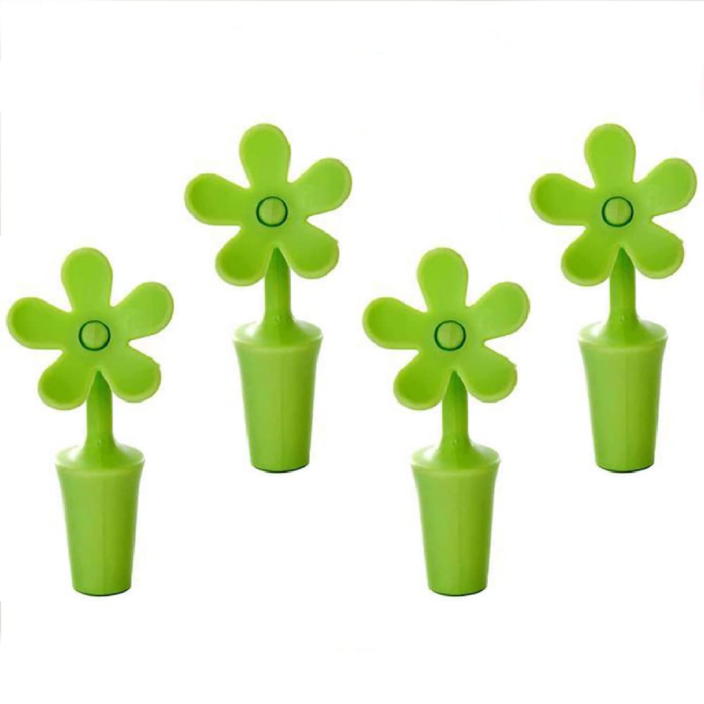 Silicone Wine Stoppers, 4 Pcs Reusable Flower Shape Wine Stopper Bottle Sealers, Funny Decorative Wine Stopper Cap for Beer Champagne Sparkling Wine (Green)
