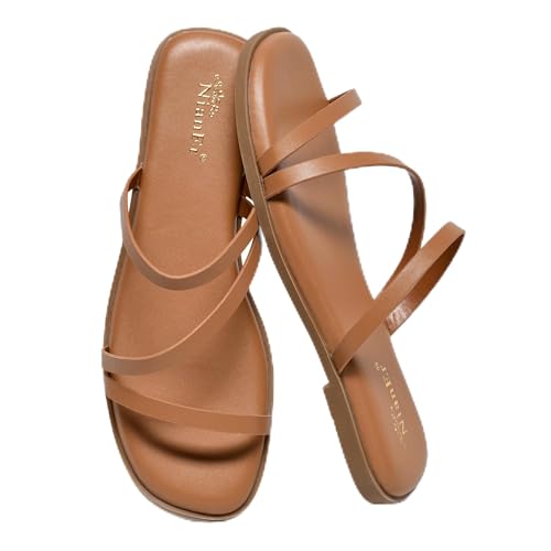 Image of NianEr Womens Microfiber Leather Memory Foam H Sandals Summer Shoes Slides | Flat, Comfortable, Slip On, Dressy, Dress, Beach, Vacation, Designer, Comfy, Casual, Bridal, Church, Boho, Office, Work