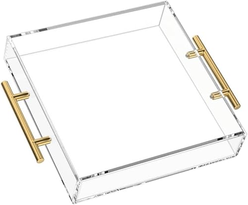 Bandeja de acrílico transparente de 12 x 12 pulgadas con mango dorado, bandeja cuadrada transparente de plástico para servir alimentos para